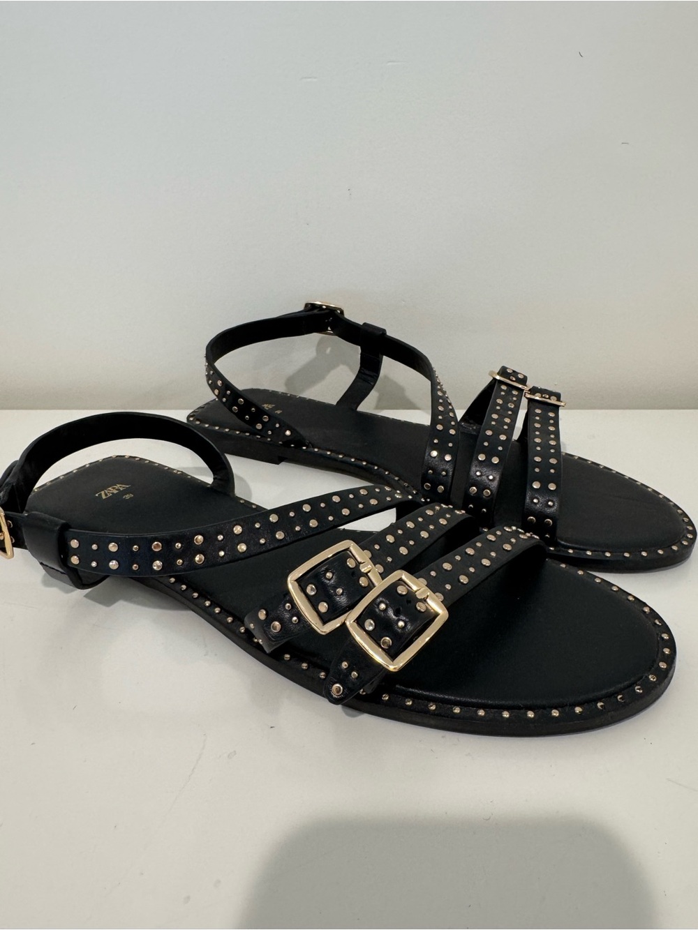 Zara Black Studded Buckle Flat Sandals